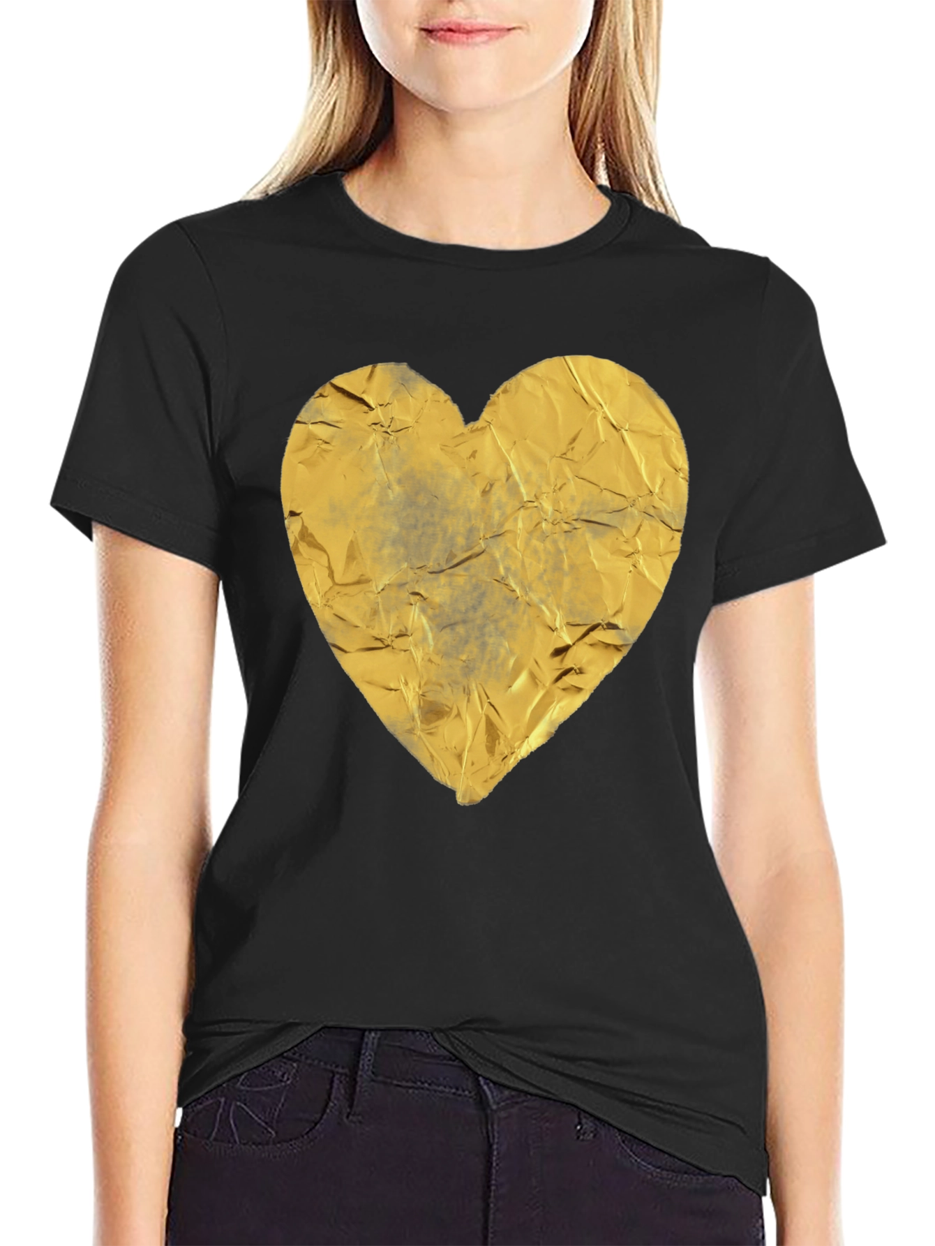 Crinkled Golden Heart Graphic Tee - Black Casual T-Shirt