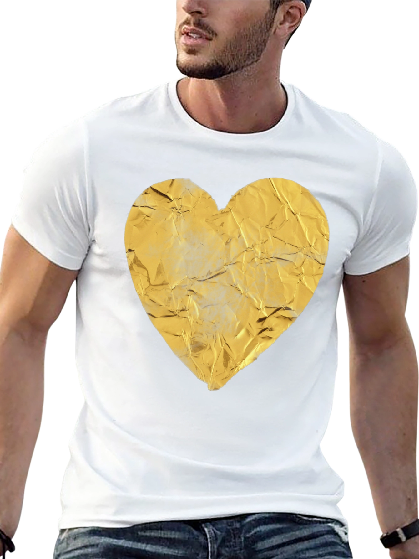 Crinkled Golden Heart Graphic Tee - Black Casual T-Shirt