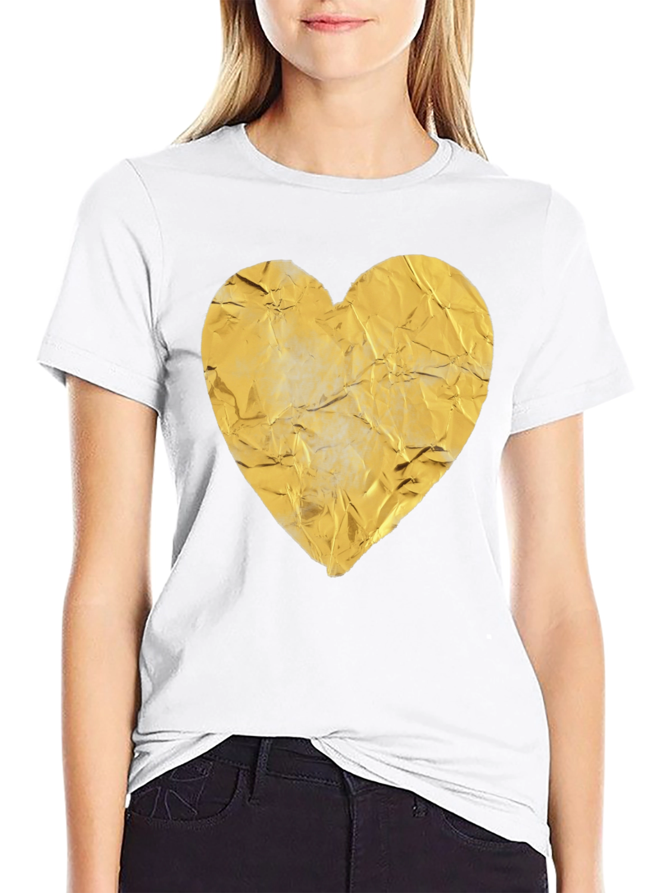 Crinkled Golden Heart Graphic Tee - Black Casual T-Shirt