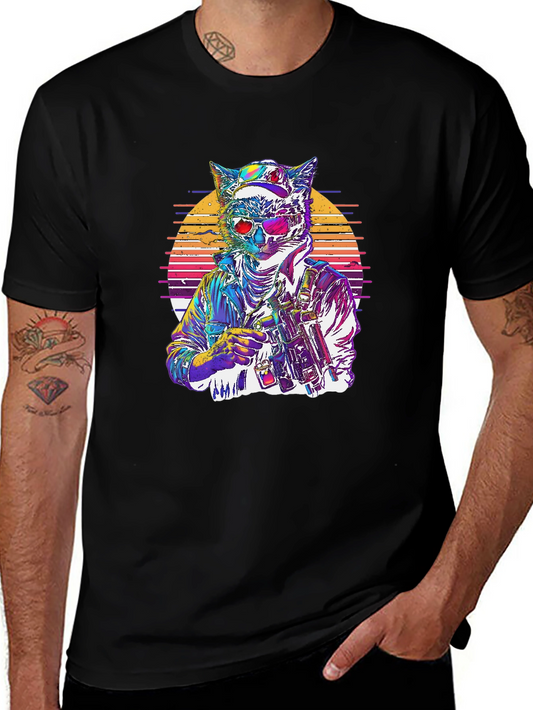 Retro Cat Warrior Graphic Tee - Black