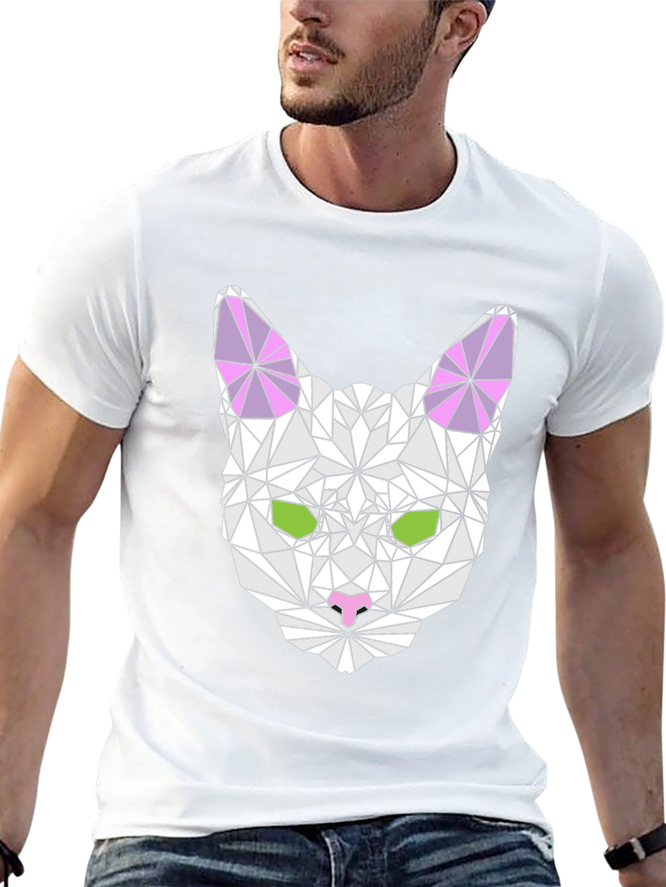 Geometric Cat Graphic Tee - Modern Style