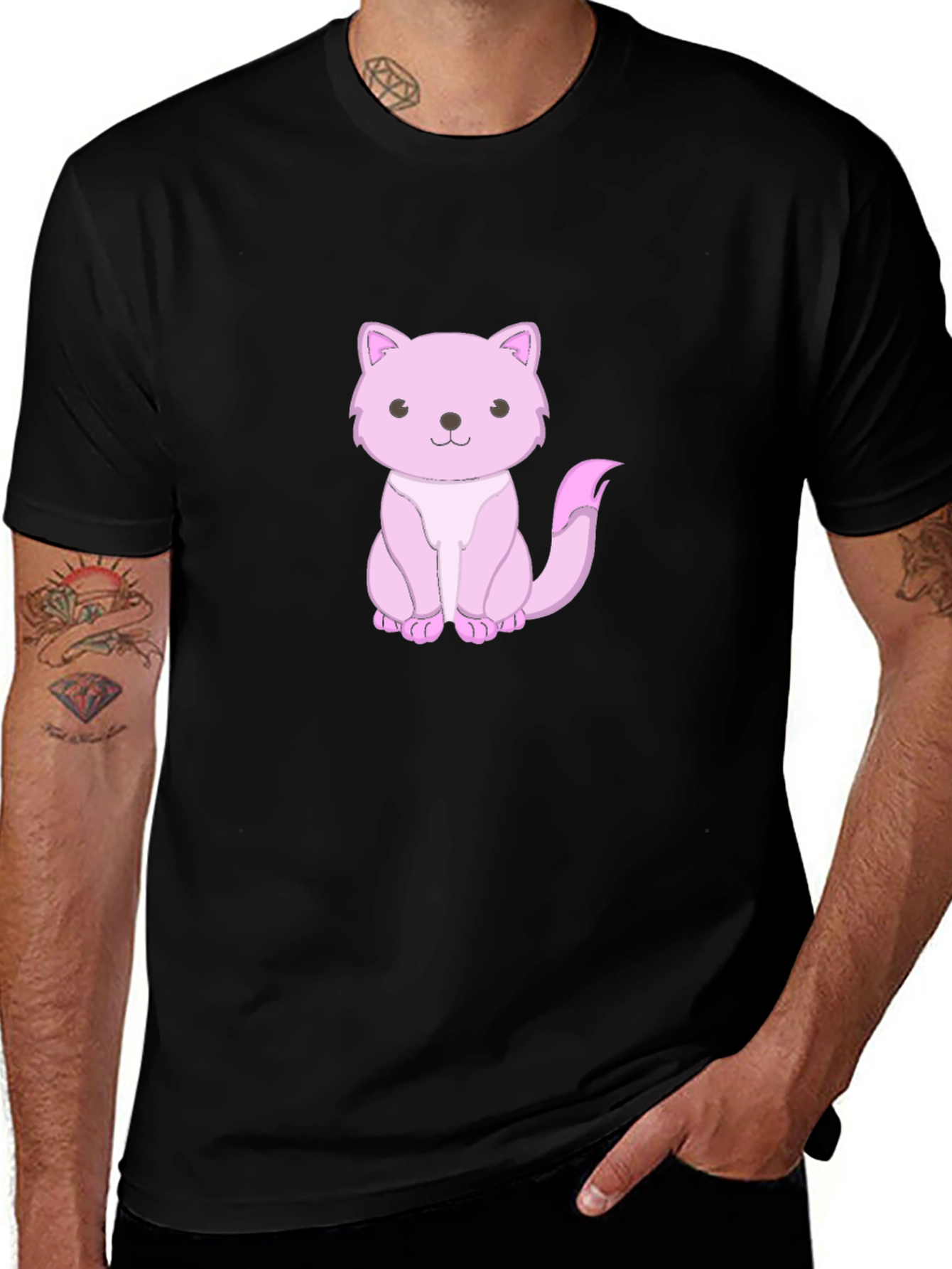 Cute Pink Cat Graphic Tee - Black Cotton Shirt