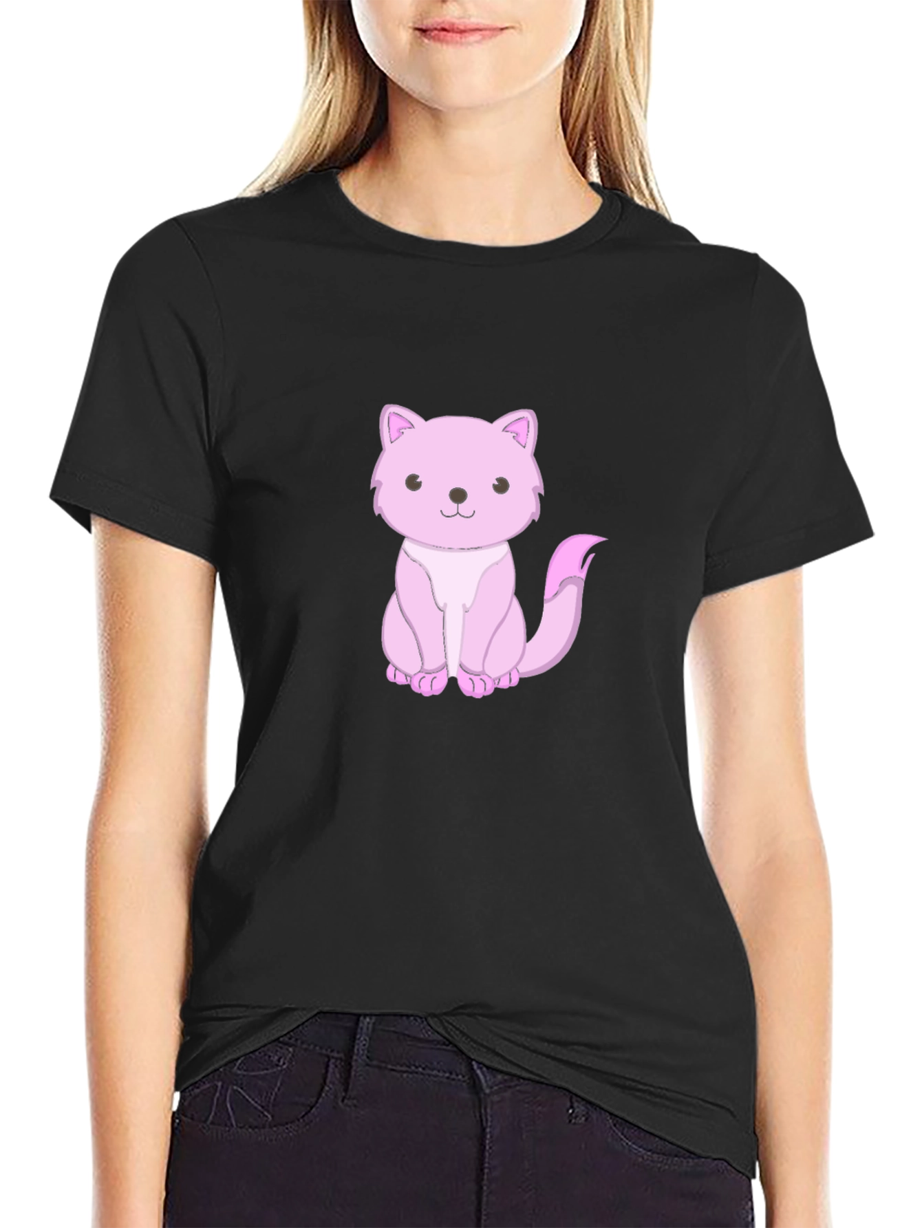 Cute Pink Cat Graphic Tee - Black Cotton Shirt