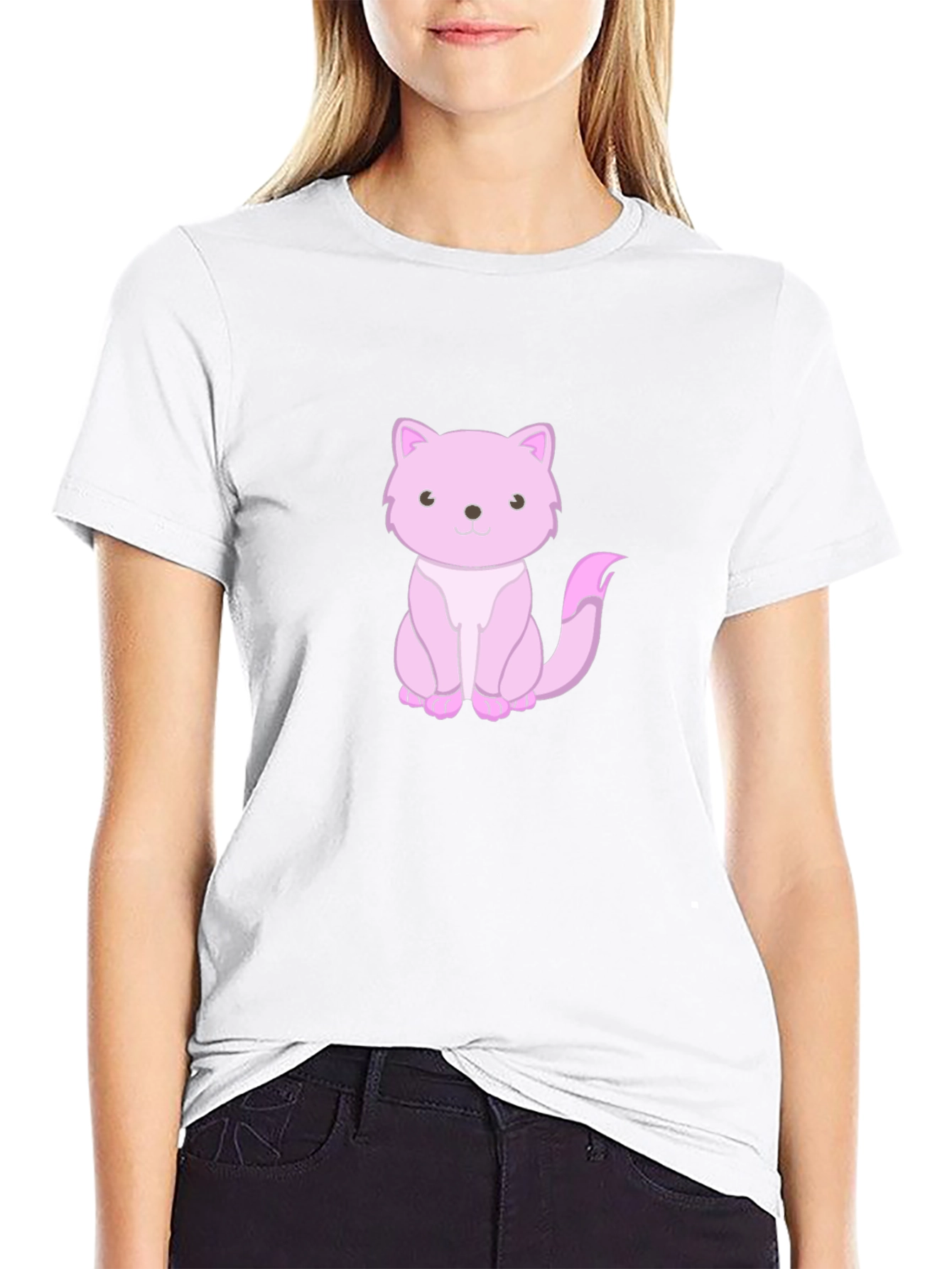 Cute Pink Cat Graphic Tee - Black Cotton Shirt