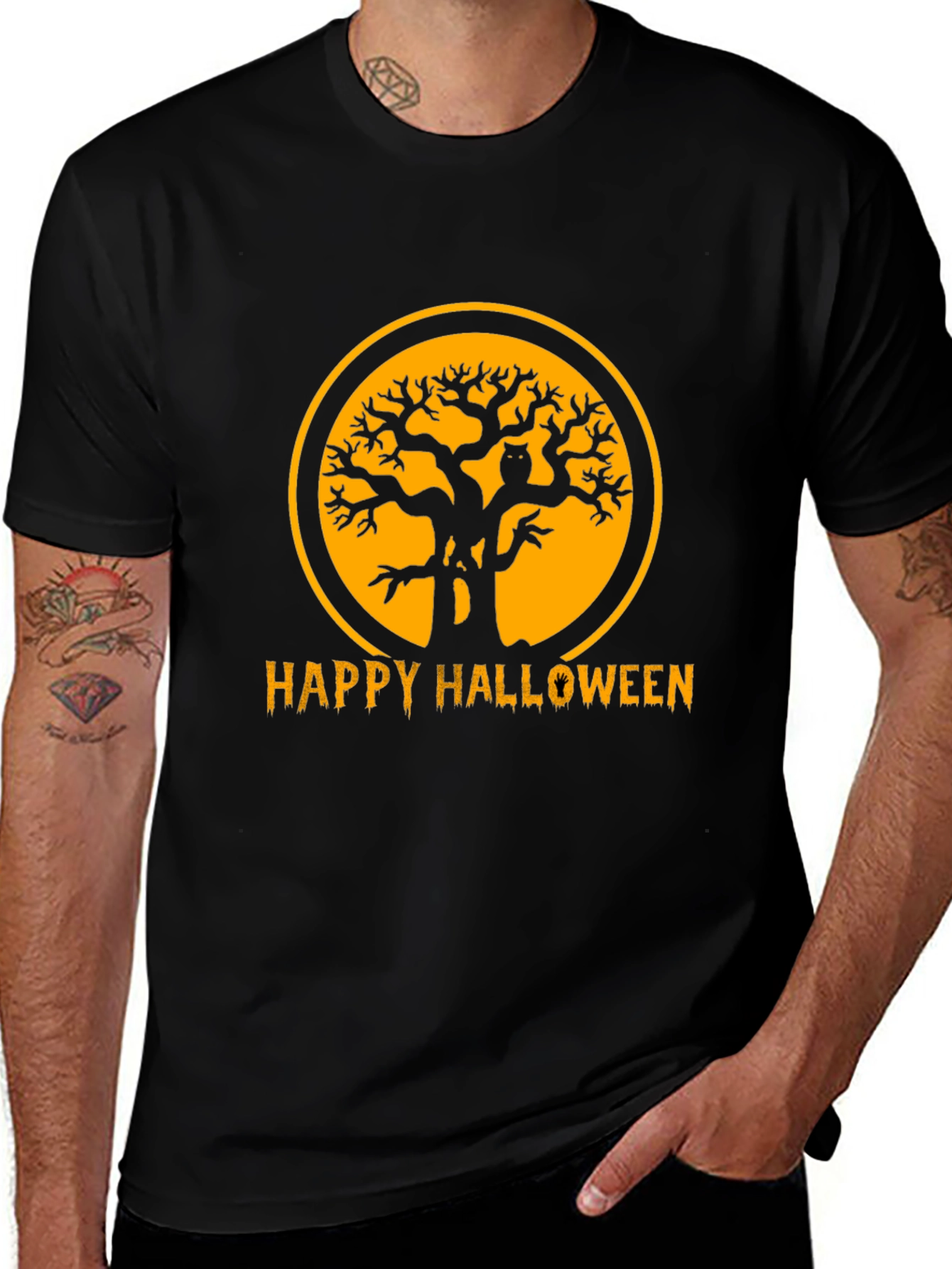 Halloween Tree Owl T-Shirt Black