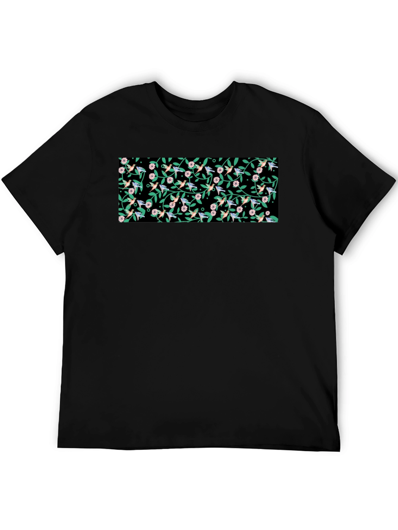 Hummingbird & Floral Print Black T-Shirt