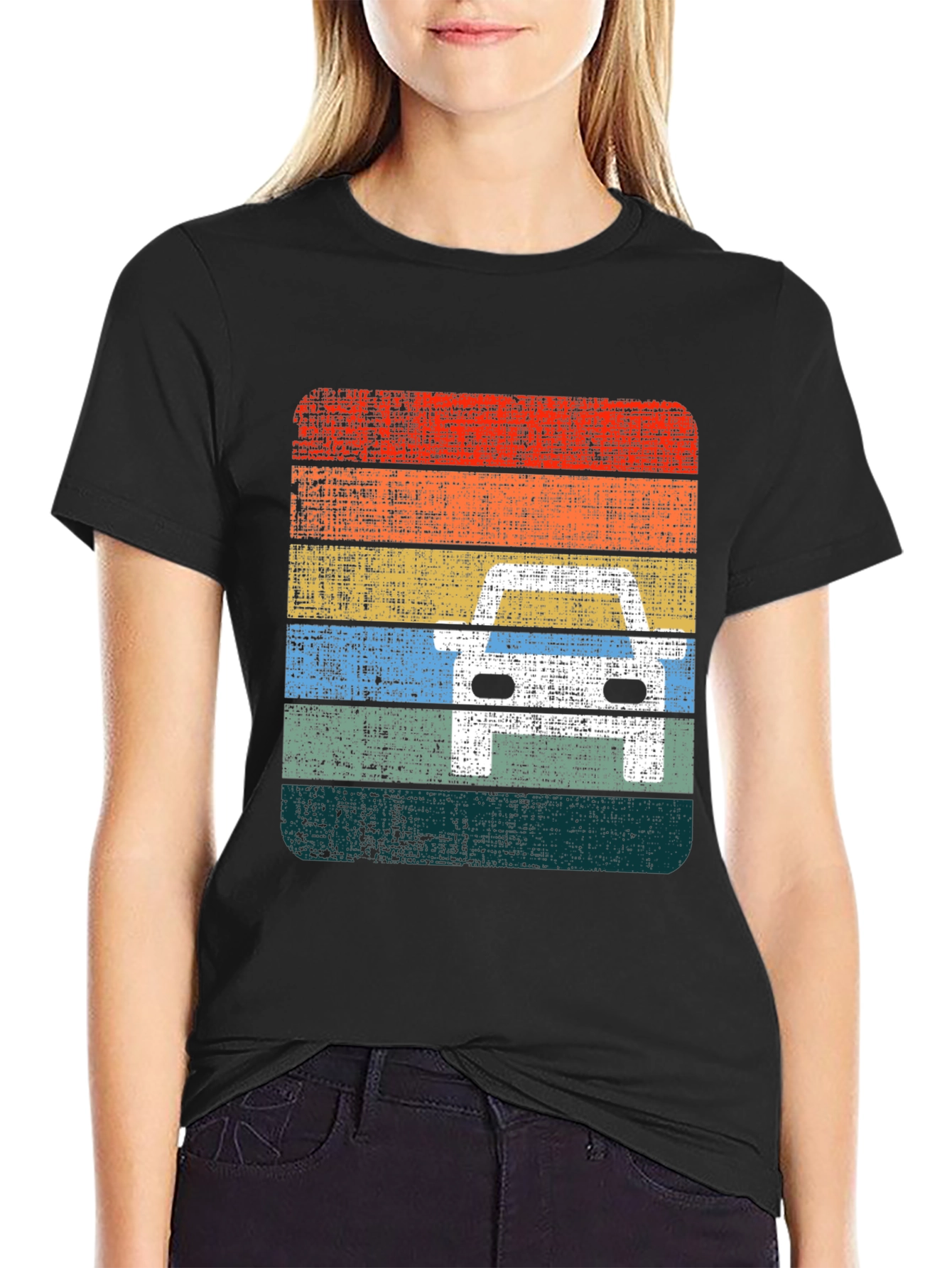 Retro Car Graphic Tee - Distressed Stripe Design