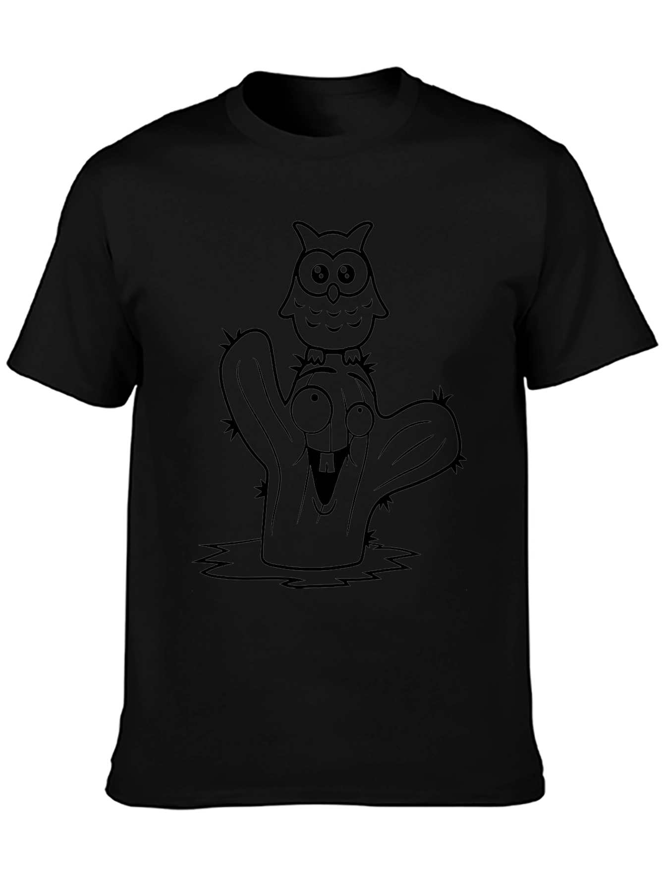 Cartoon Owl Cactus Black T-Shirt