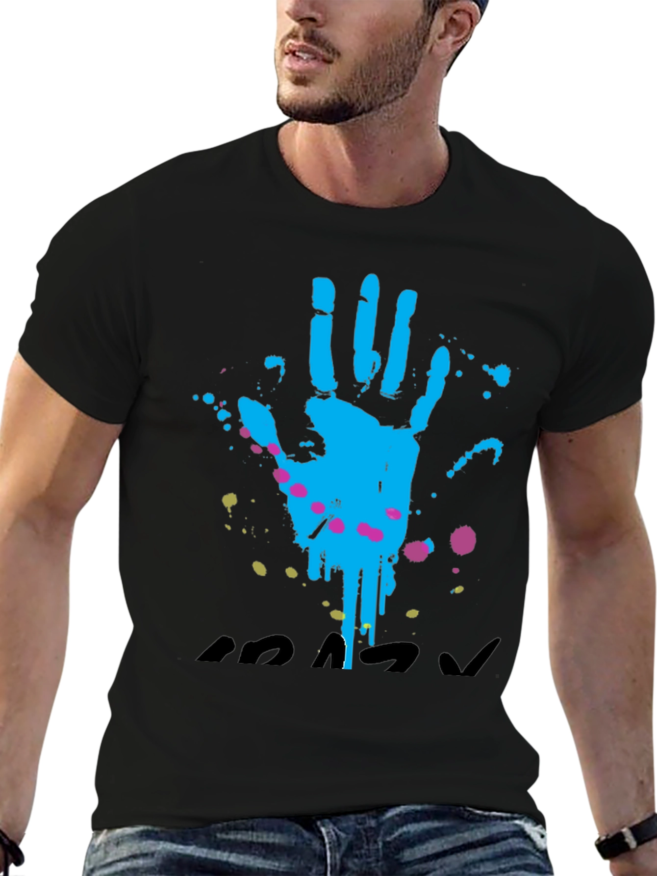 Handprint Splatter Graphic T-Shirt - Casual Black Tee
