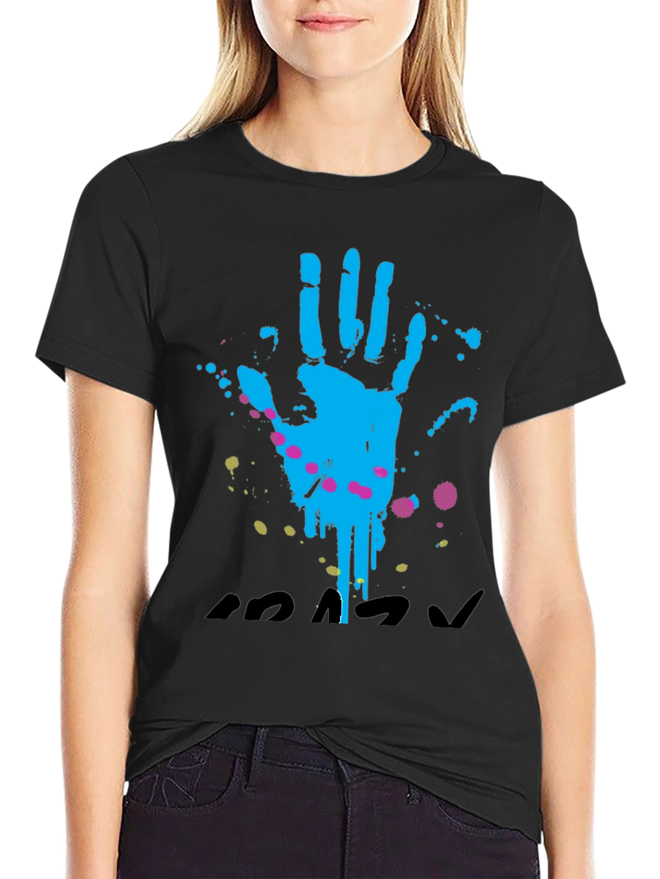 Handprint Splatter Graphic T-Shirt - Casual Black Tee