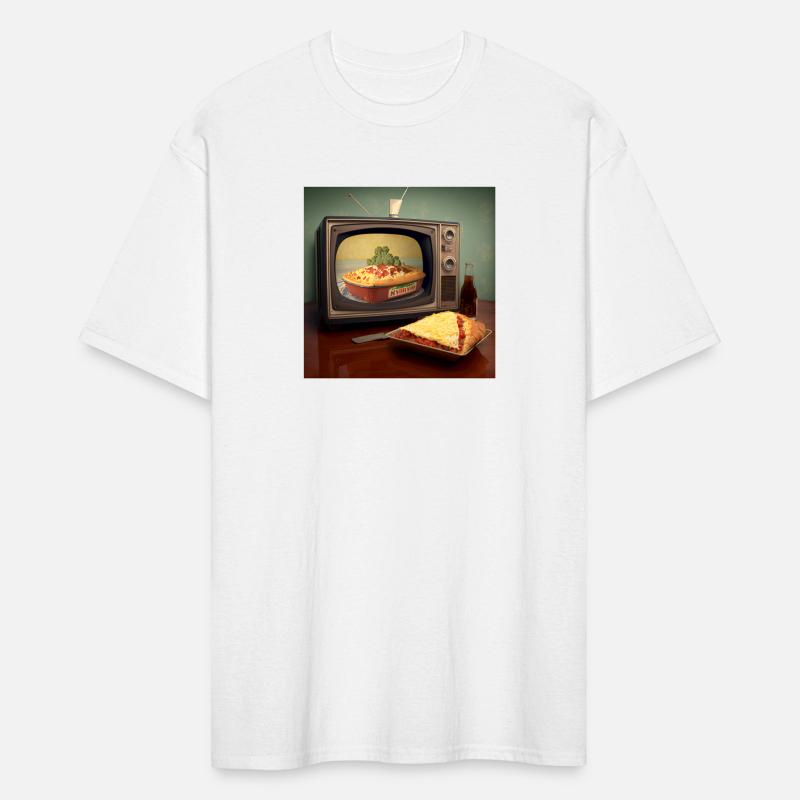 A pizza sitting on top of a pan to a television