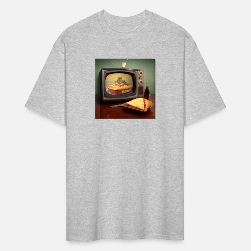 A pizza sitting on top of a pan to a television