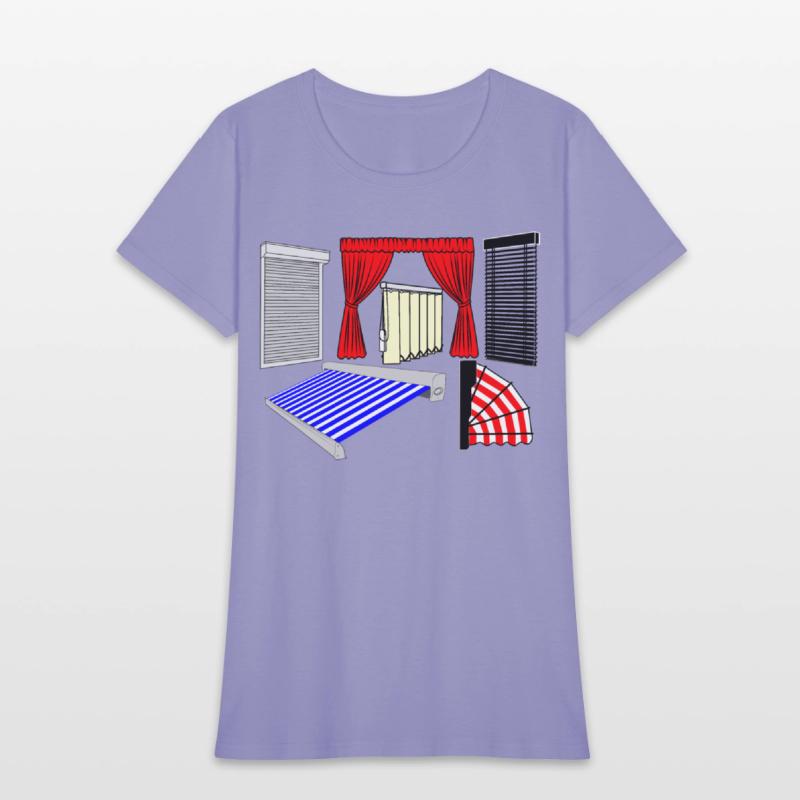 Blinds curtains red, canopies blue white striped,