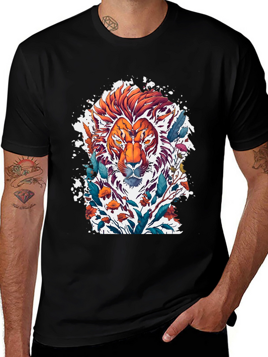 Lion Floral Graphic Tee - Artistic Mens T-Shirt
