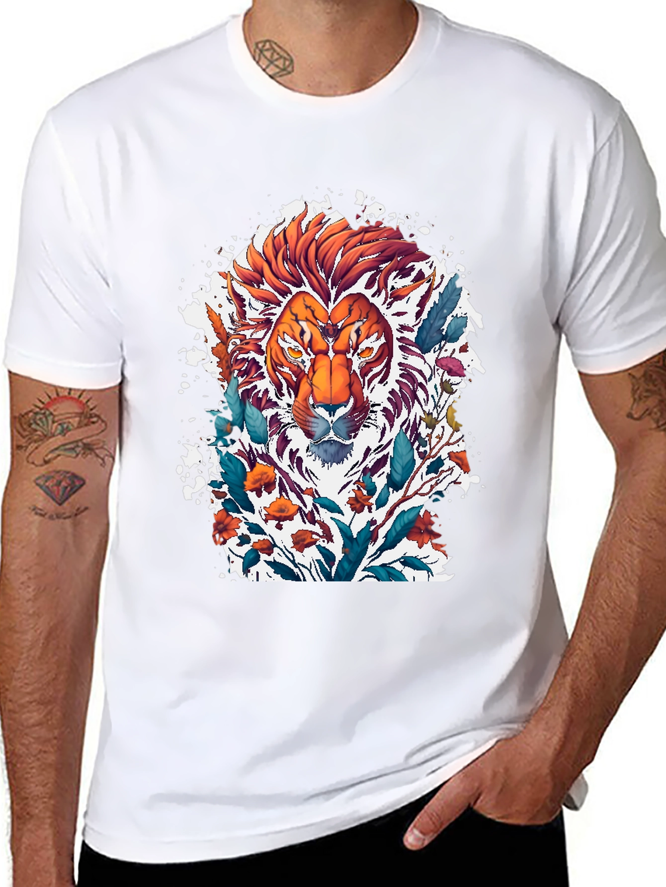 Lion Floral Graphic Tee - Artistic Mens T-Shirt
