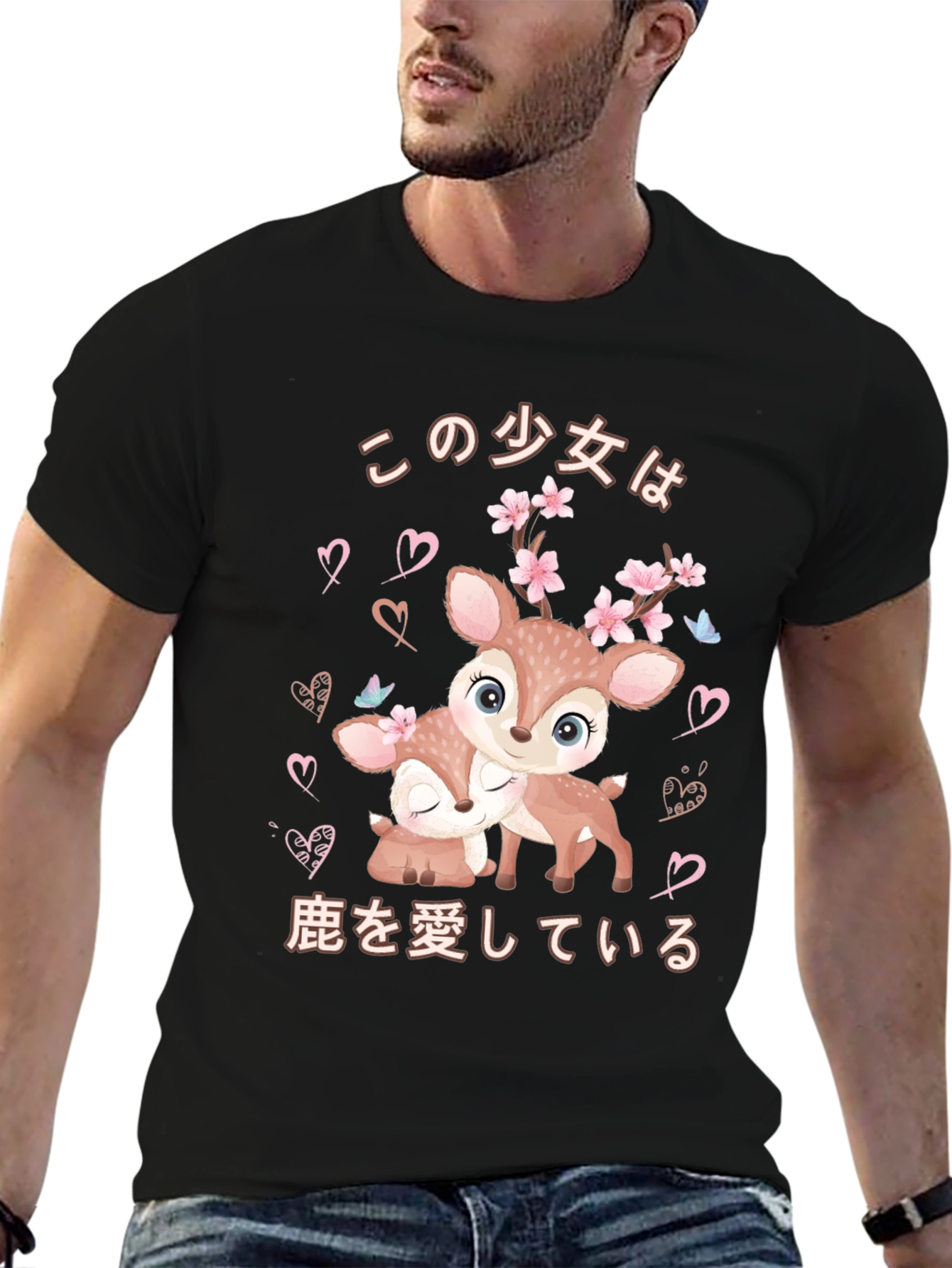 Cute Deer Japanese Style Black T-shirt