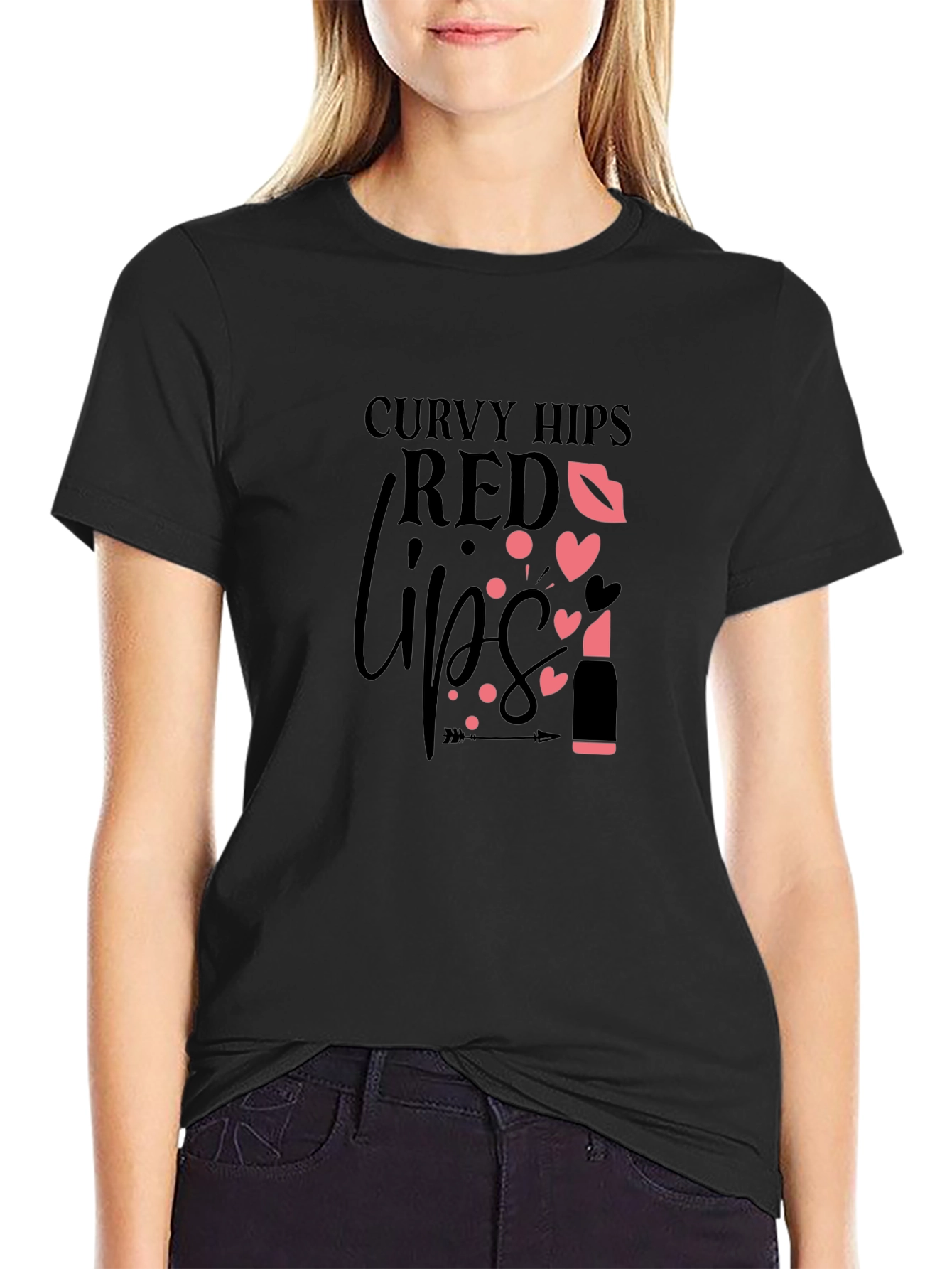 Curvy Hips Red Lips Black Graphic Tee