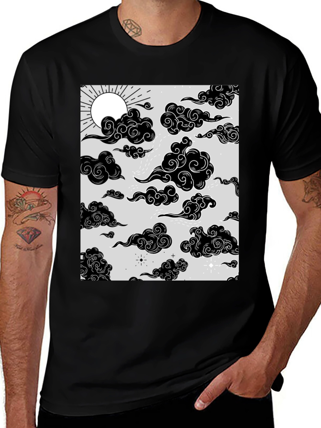 Graphic Print T-Shirt with Sun and Cloud Design