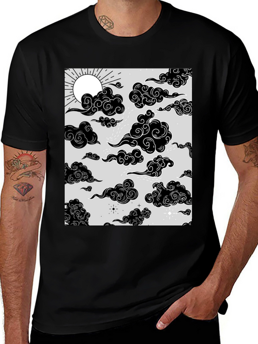 Graphic Print T-Shirt with Sun and Cloud Design