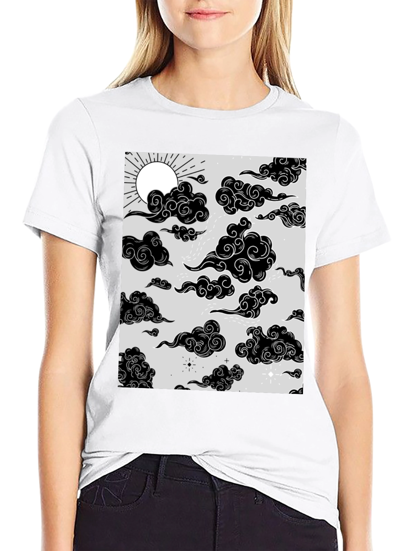 Graphic Print T-Shirt with Sun and Cloud Design