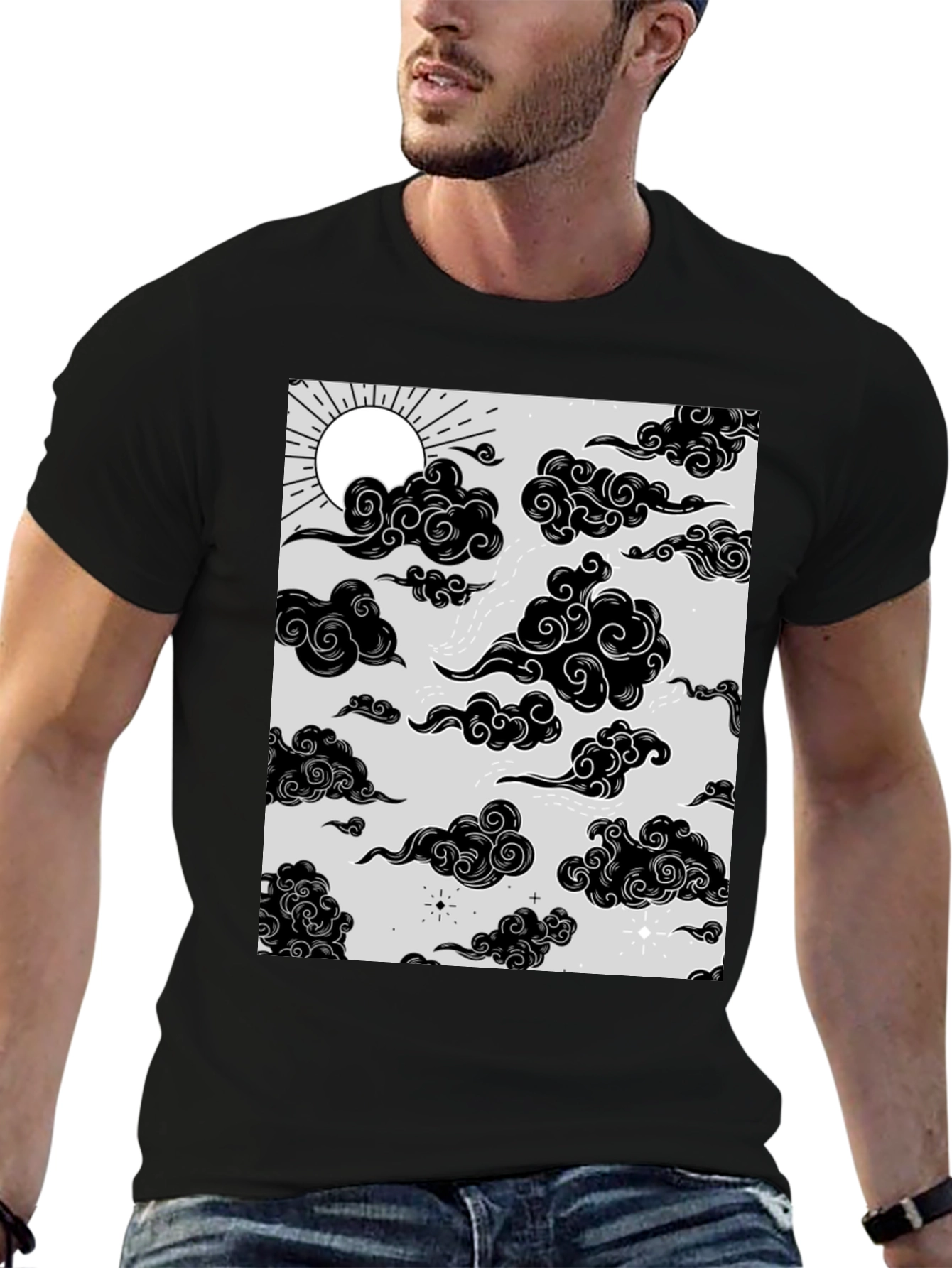 Graphic Print T-Shirt with Sun and Cloud Design