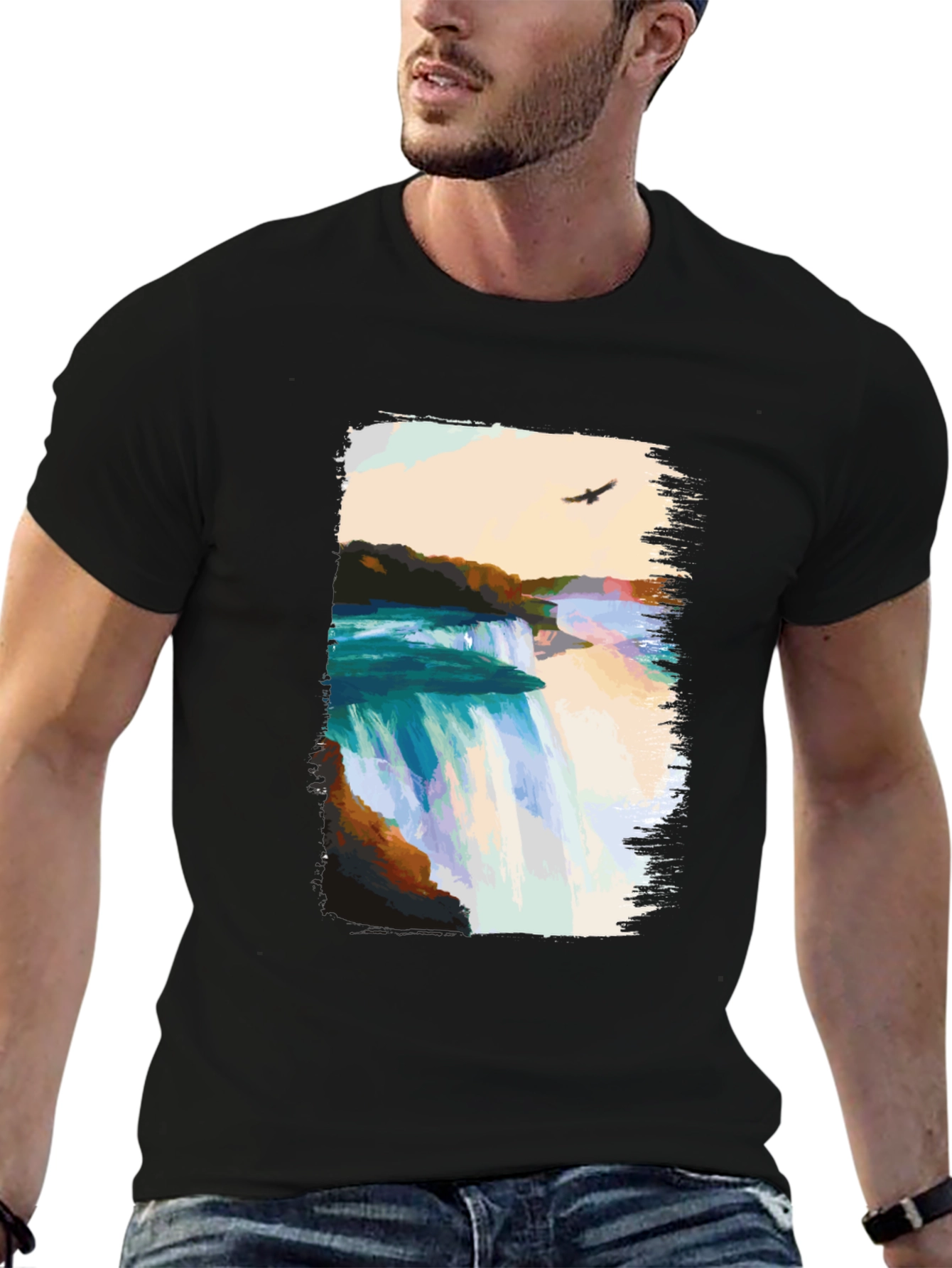 Waterfall Graphic Print Black T-Shirt