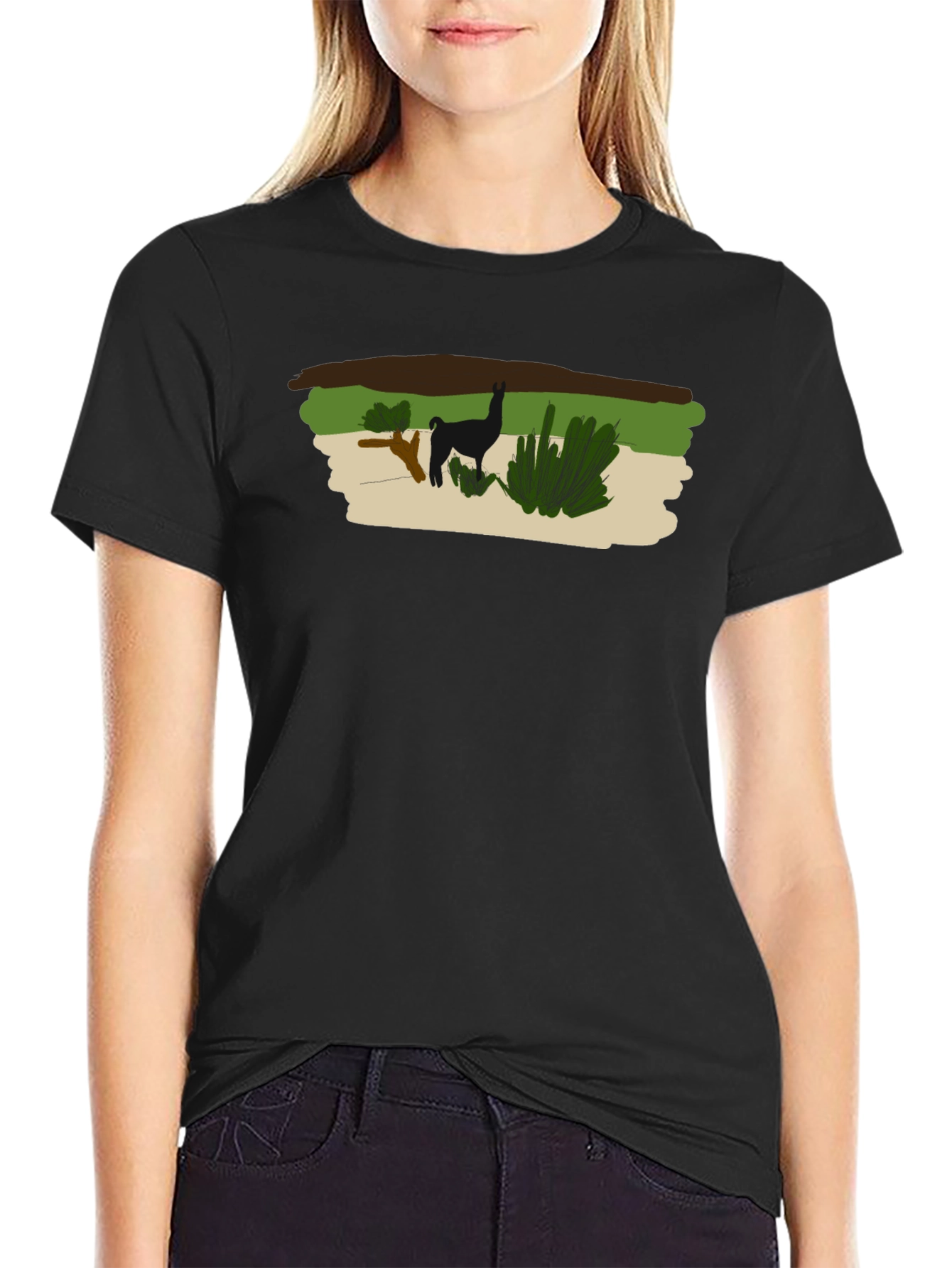 Llama Graphic Print Black T-Shirt