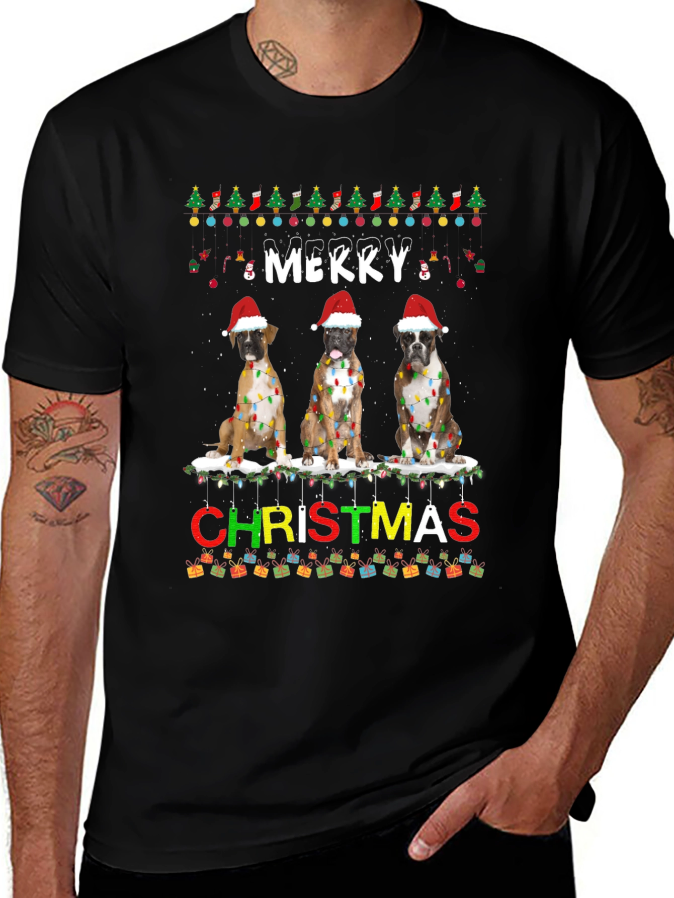 Merry Christmas Boxer Dog T-Shirt Festive Holiday Tee