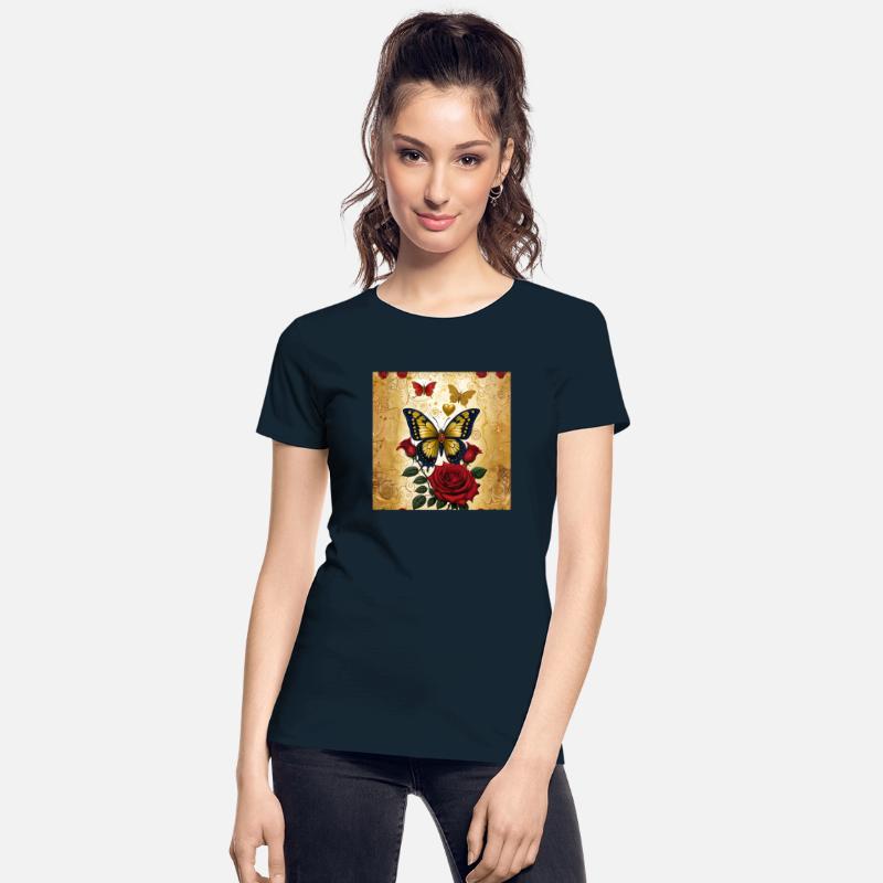 Elegant golden butterfly with blooming red roses