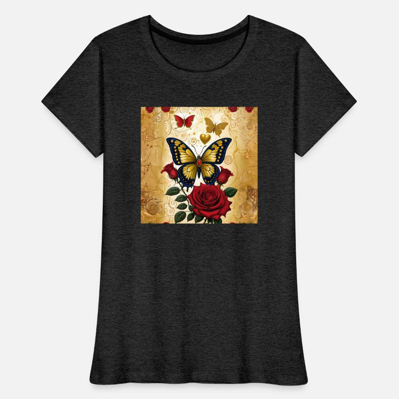 Elegant golden butterfly with blooming red roses
