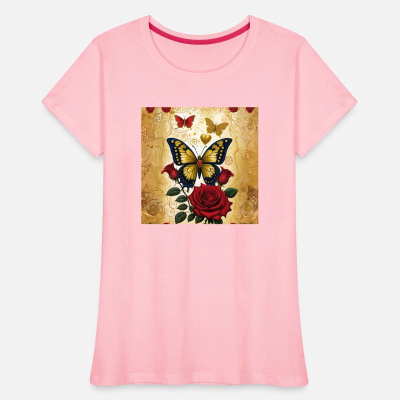 Elegant golden butterfly with blooming red roses
