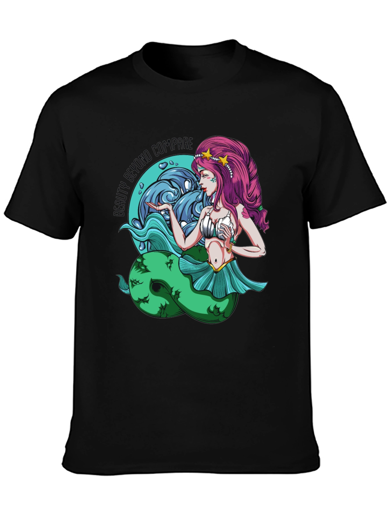 Mermaid Graphic Tee - Black Cotton T-Shirt