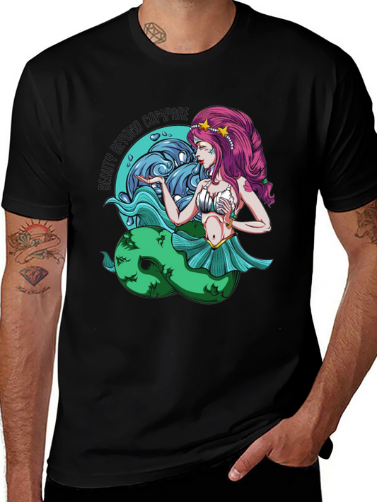 Mermaid Graphic Tee - Black Cotton T-Shirt
