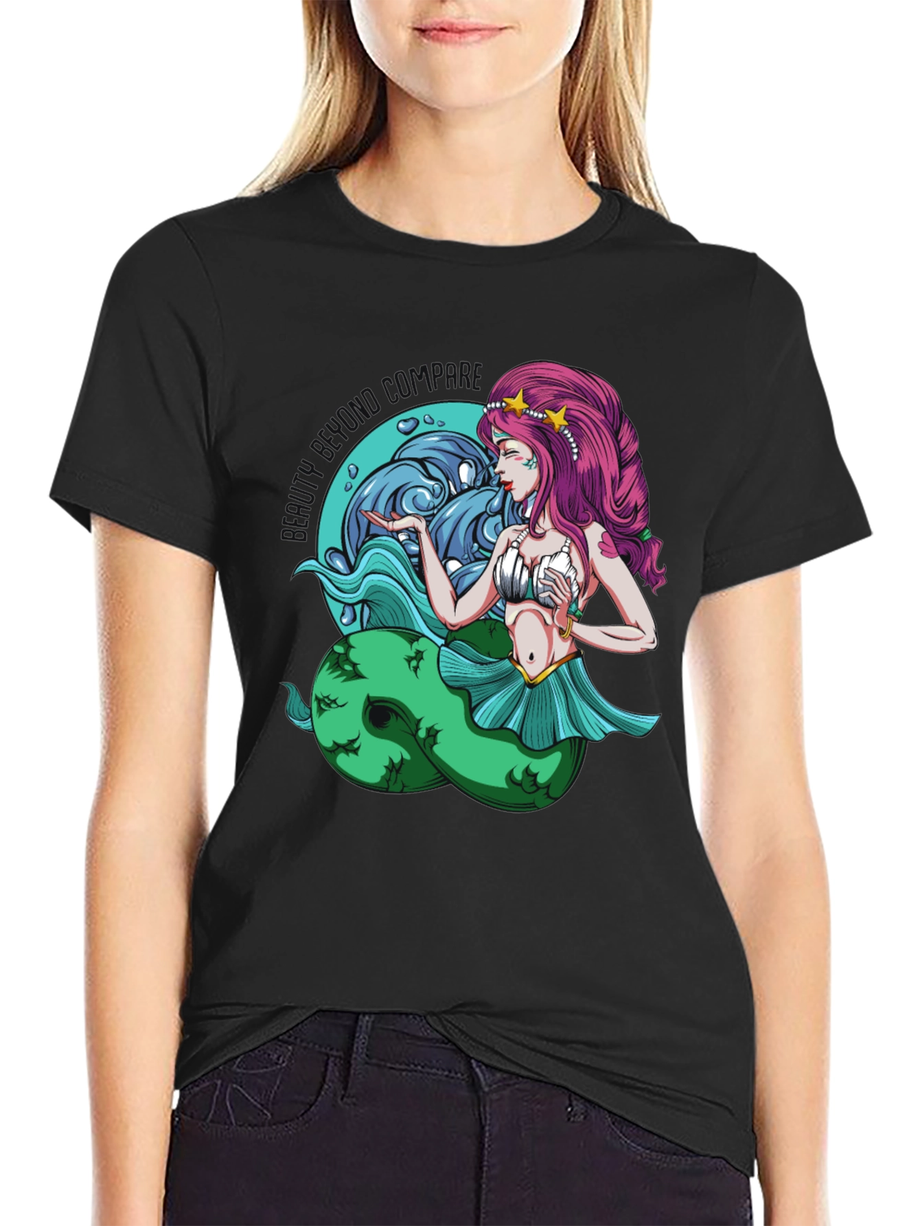 Mermaid Graphic Tee - Black Cotton T-Shirt