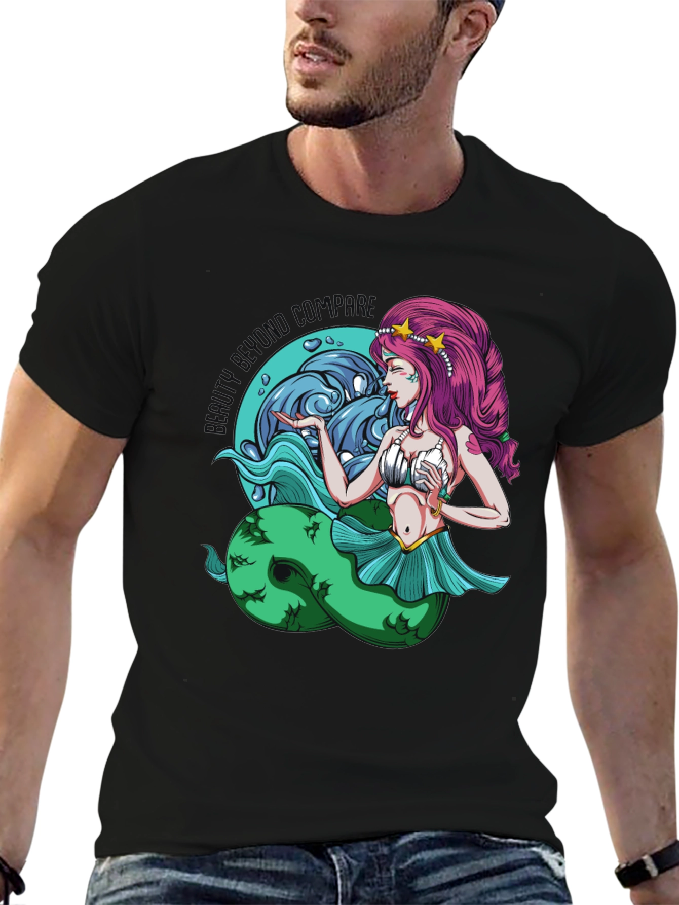 Mermaid Graphic Tee - Black Cotton T-Shirt