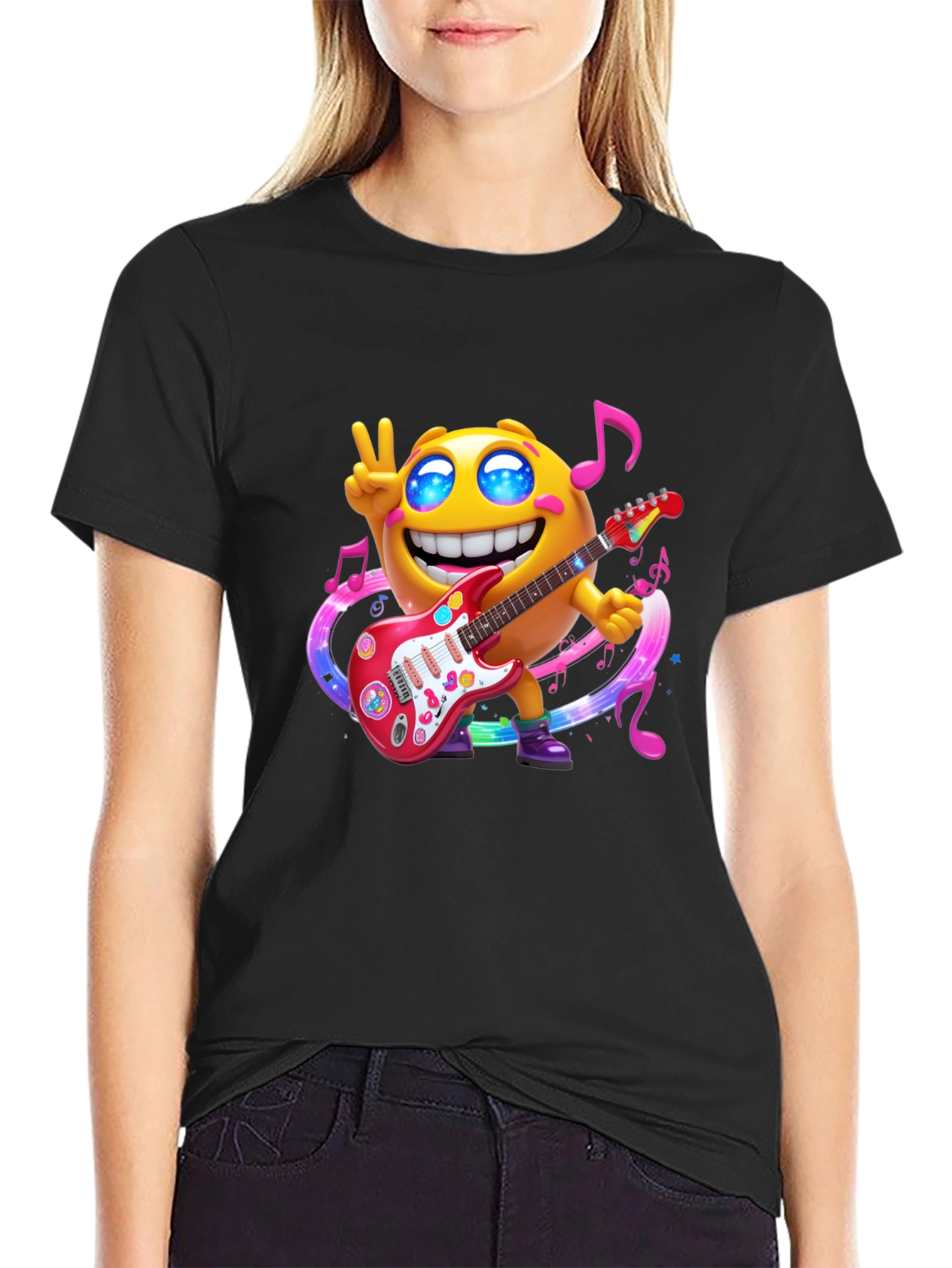 Cool Emoji Guitar Player Black T-Shirt