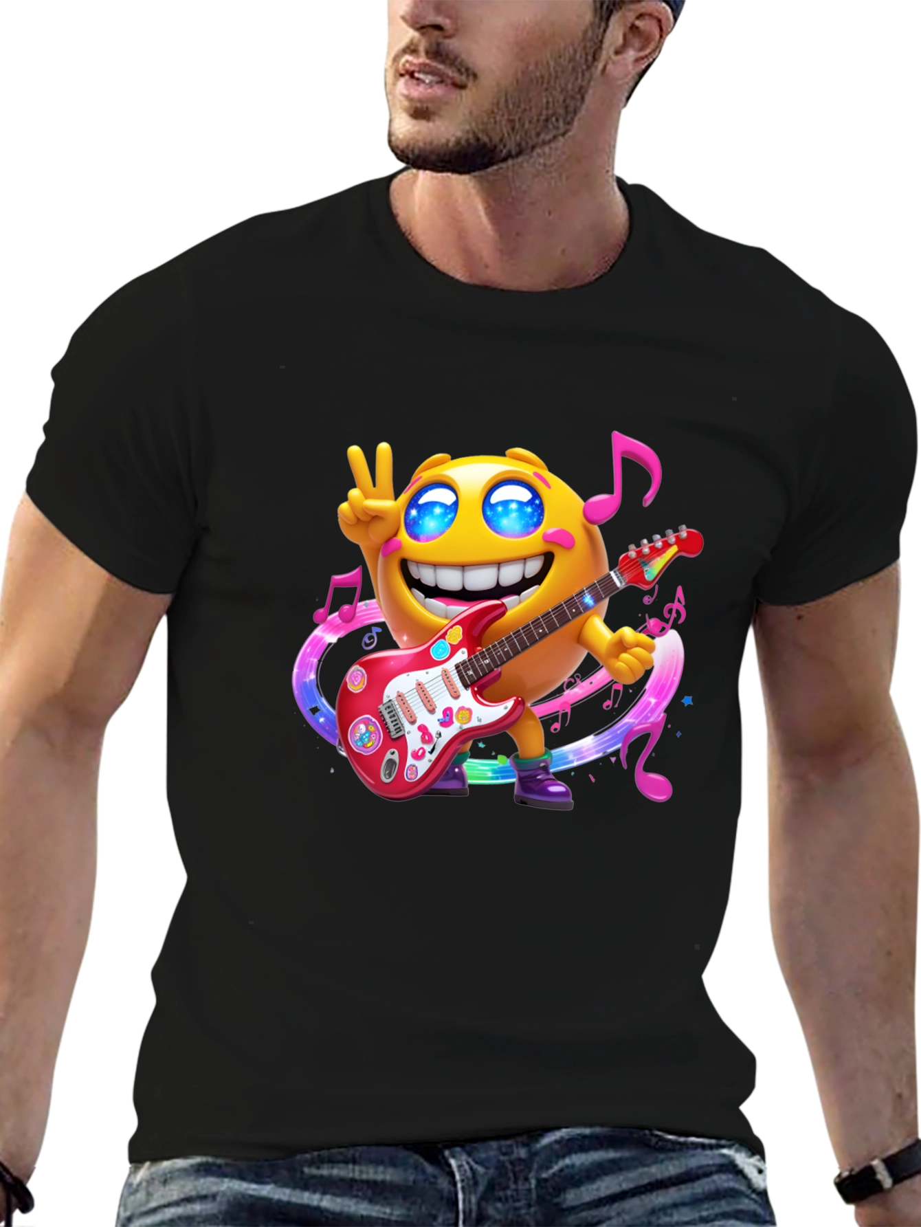 Cool Emoji Guitar Player Black T-Shirt