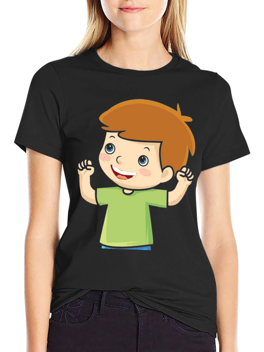 Cartoon Boy Graphic Tee - Black Cotton T-Shirt