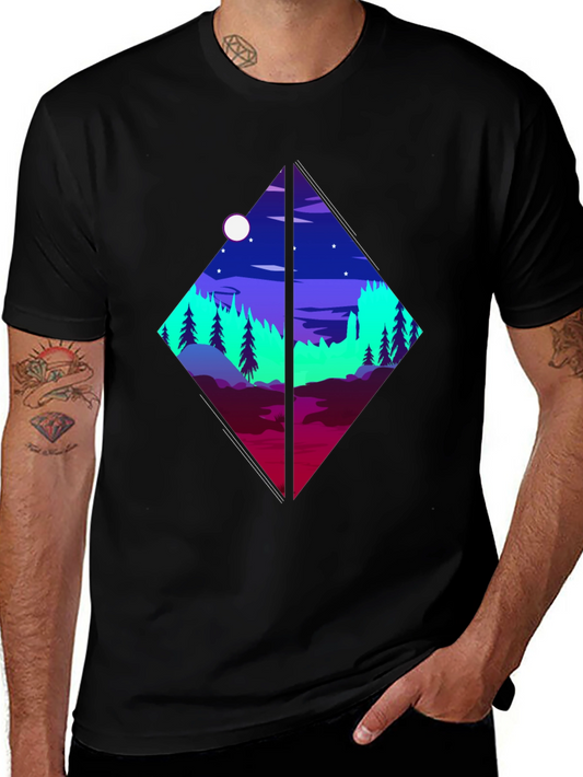 Geometric Landscape Graphic Tee - Black Cotton Shirt