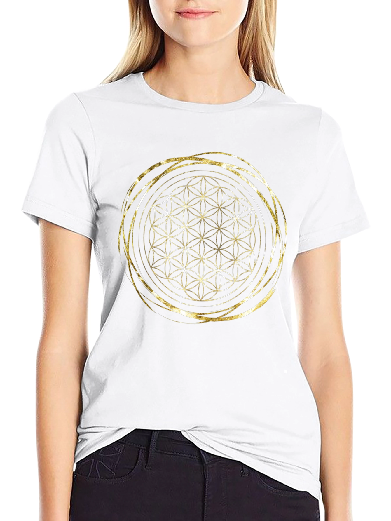 Geometric Flower of Life Gold Print Black T-Shirt
