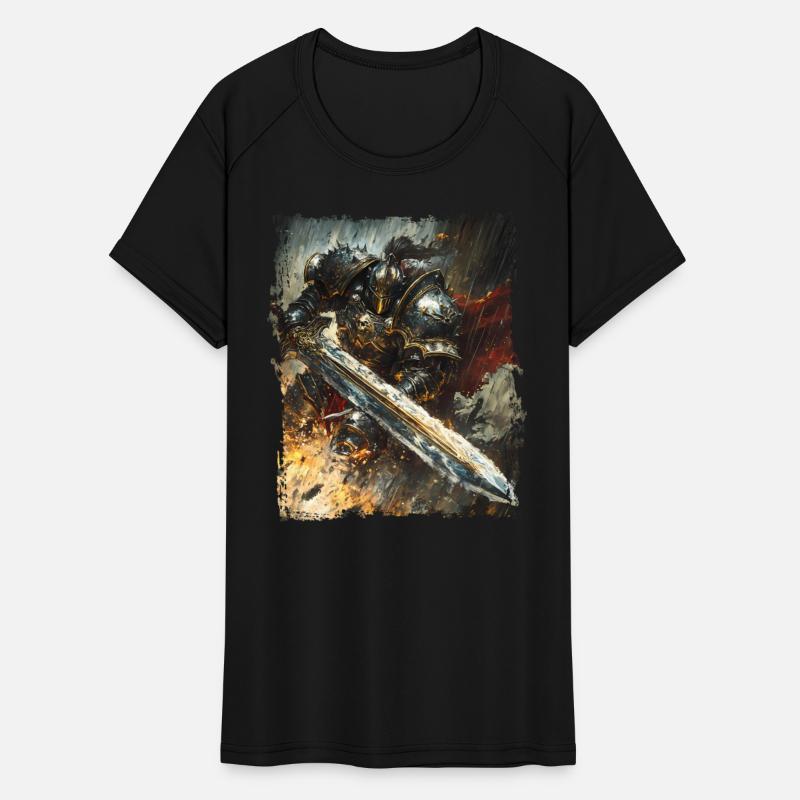 Golden Powerful Knight in Storm with Flaming Sword
