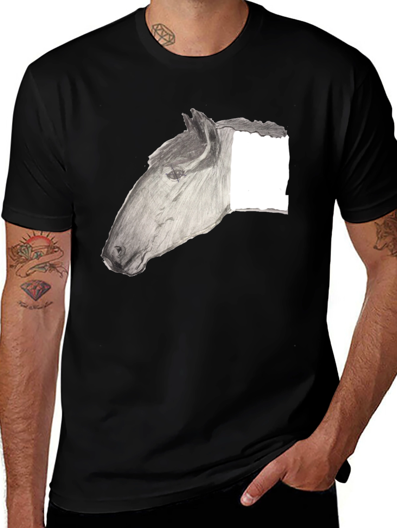 Black T-Shirt with Horse Sketch Design