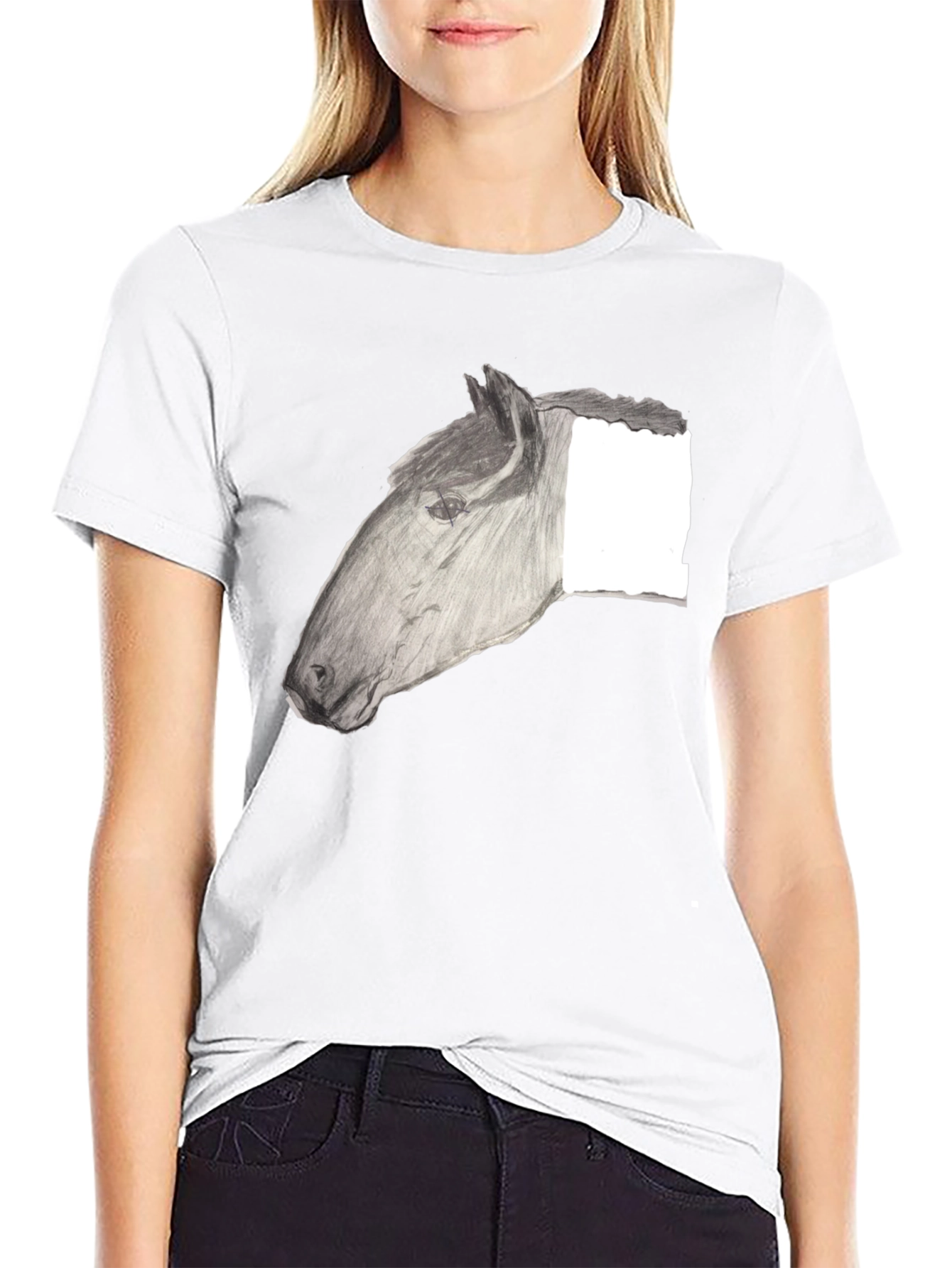 Black T-Shirt with Horse Sketch Design