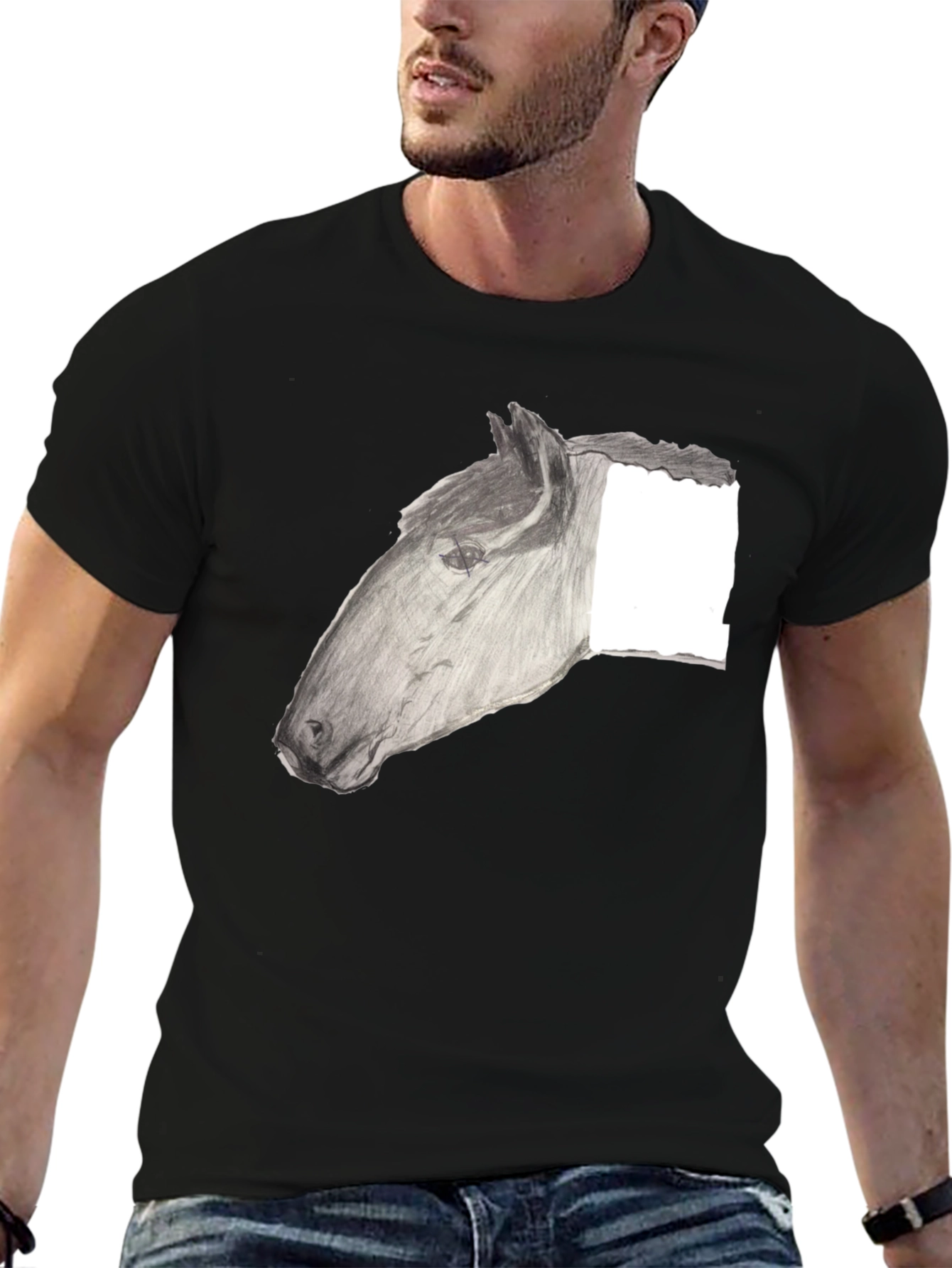 Black T-Shirt with Horse Sketch Design