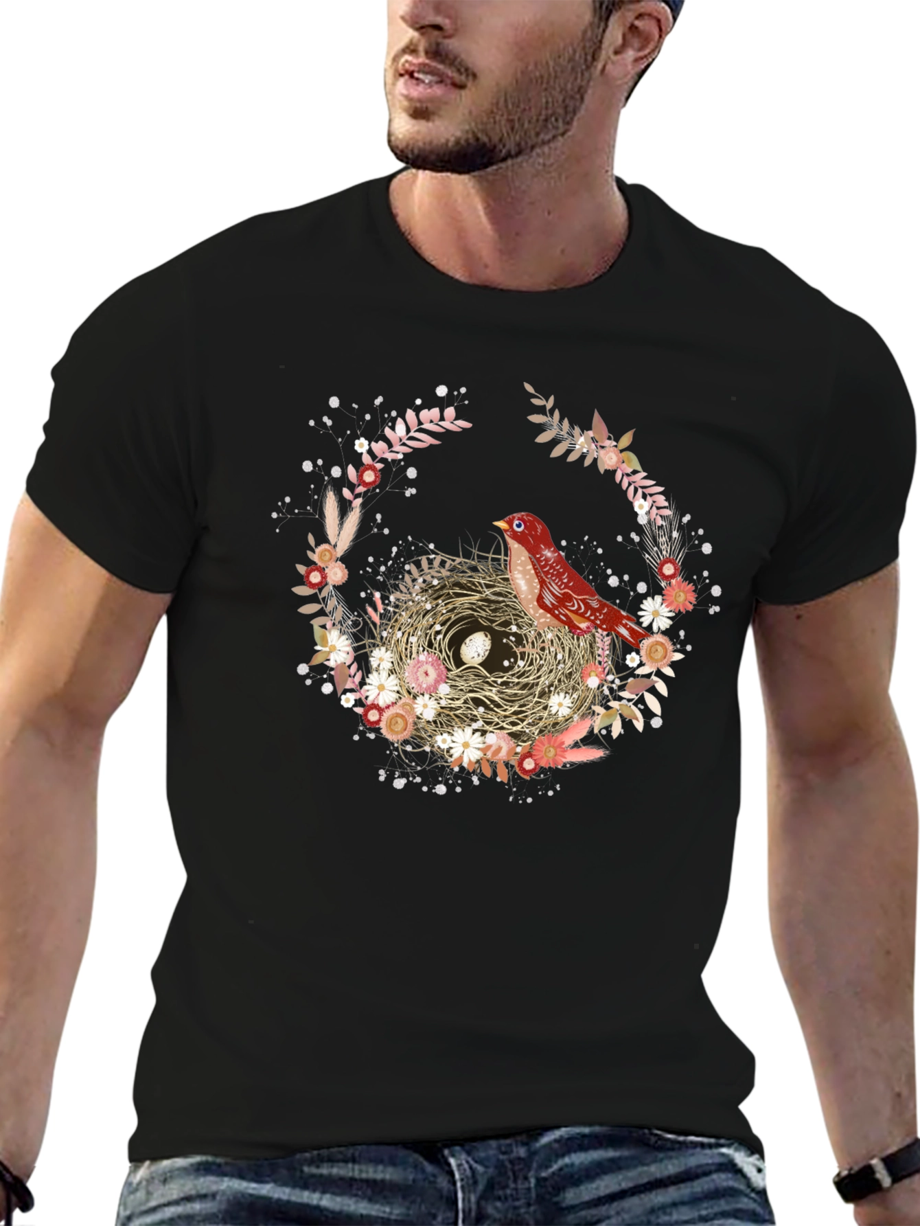 Bird Nest Floral Wreath T-Shirt