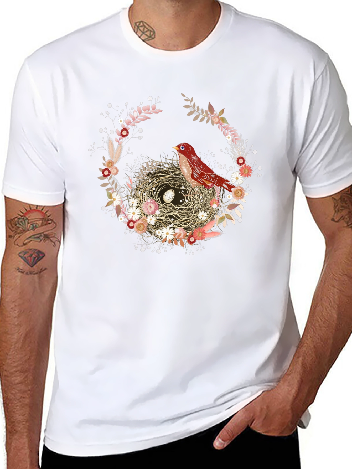 Bird Nest Floral Wreath T-Shirt
