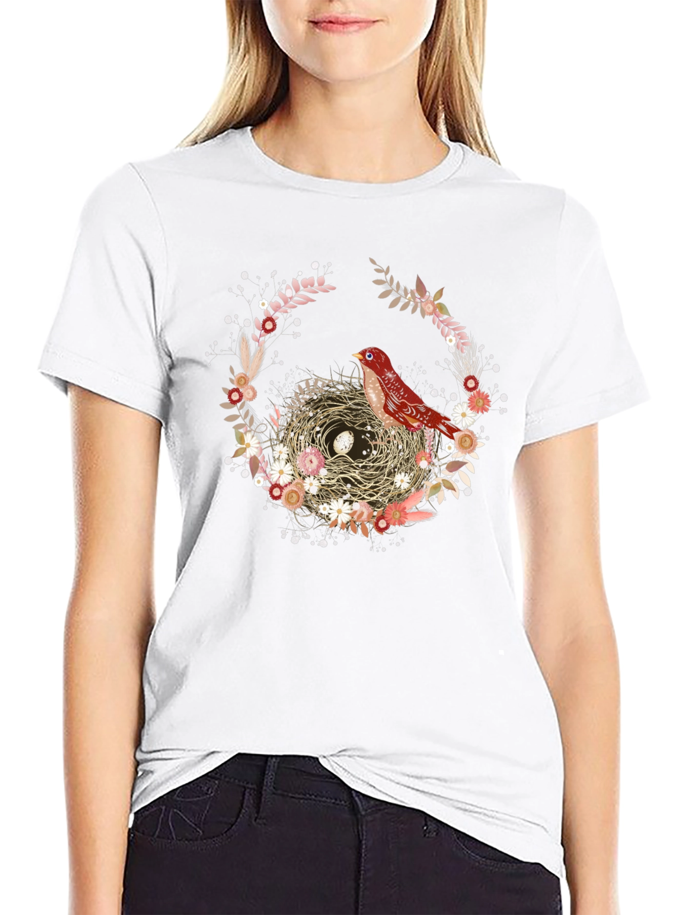 Bird Nest Floral Wreath T-Shirt