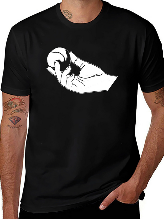 Hand Holding Ball Graphic Tee - Black Cotton Casual T-Shirt