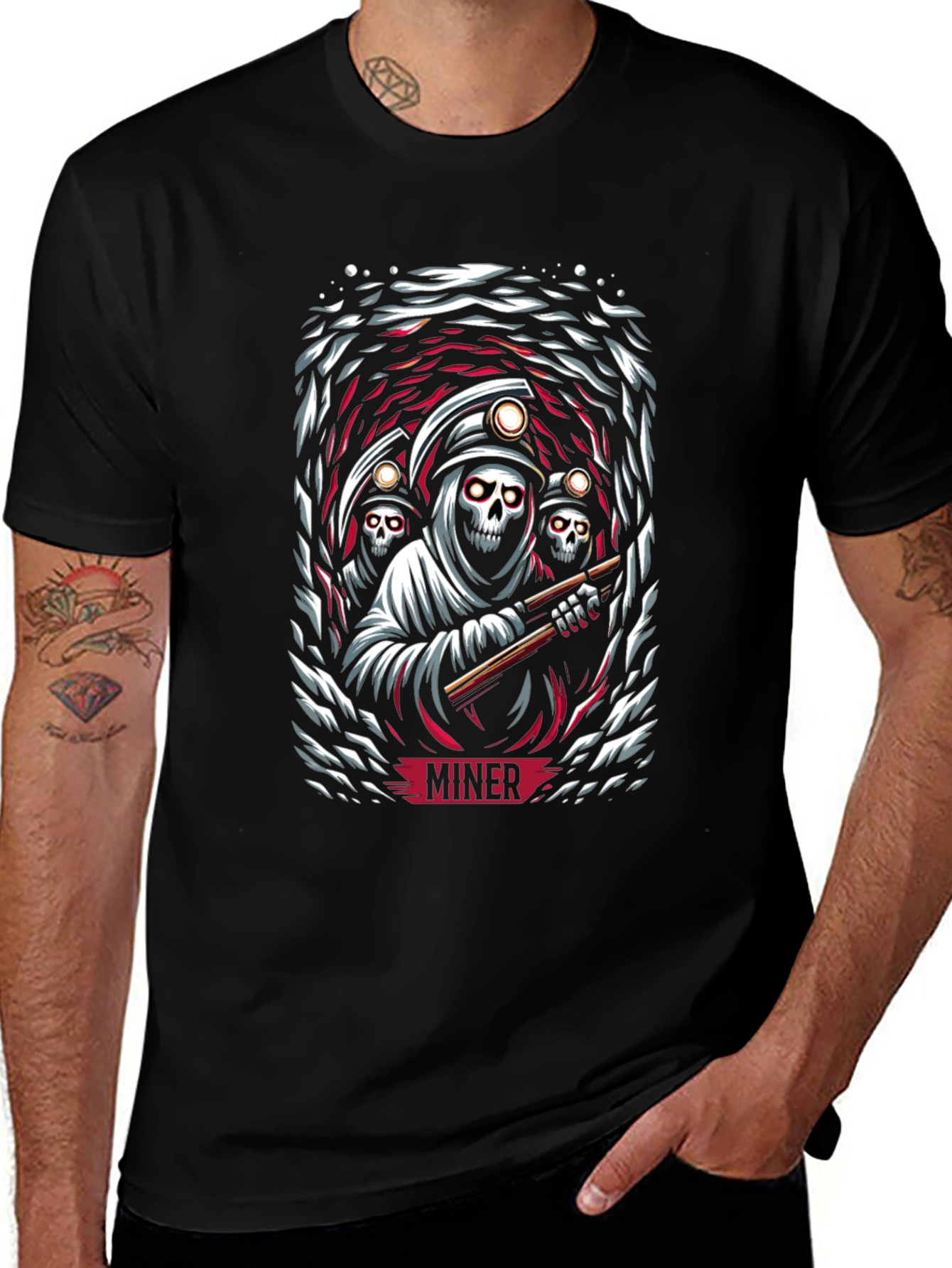Miner Grim Reaper Graphic Print Black T-Shirt