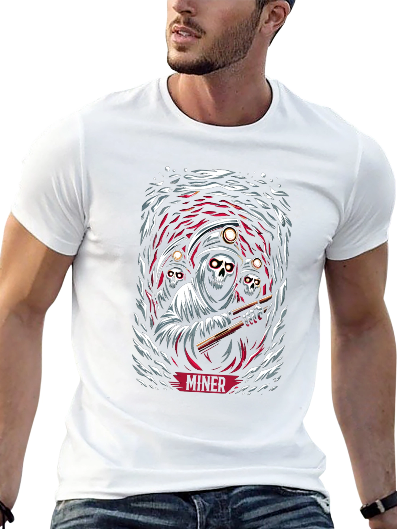 Miner Grim Reaper Graphic Print Black T-Shirt